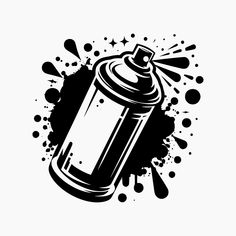 a spray can with paint splattered around it on a white background in black and white