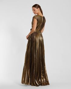 Ieena for Mac Duggal Metallic jersey fabric (100% polyester) Fully lined through body Deep V-neck Cap sleeves Pleated fabric Belted waist Concealed back zipper Approx. 60" from top of shoulder to bottom hem Available in Bronze Style #27215 Luxury Pleated Waist Evening Dress For Formal Occasions, Luxury Accordion Pleated Evening Dress For Formal Events, Luxury Accordion Pleats Evening Dress For Party, Luxury Pleated Chiffon Dress For Formal Occasions, Luxury Accordion Pleated Dress For Party, Luxury Bohemian Pleated Dresses, Luxury Pleated Bodice Gown For Banquet, Luxury Ruched Pleated Dress For Gala, Luxury Ruched Pleated Dress For Formal Occasions