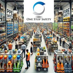 workers are standing in front of the one stop safety sign and other items on display