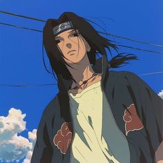 an anime character with long black hair standing in front of blue sky and clouds, looking at the camera