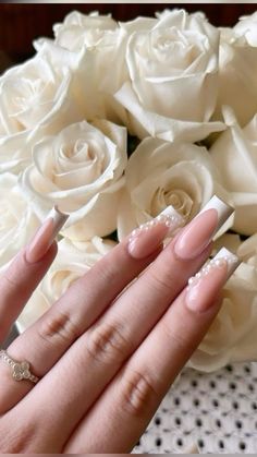 Pearl On Nails Acrylic, French Tip And Pearls, Pearl Acrylic Nails Square, Pearl French Tips Nails, Birthday Nails With Pearls, Pearl Birthday Nails, French Tip Acrylic Nails With Pearls, Wedding Inspo Nails, Prom Square Nails