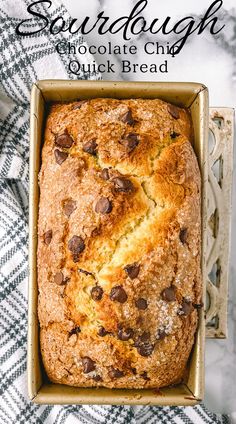 a loaf of chocolate chip quick bread in a pan