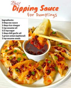 the recipe for dipping sauce on dumplings is shown in front of a white plate with chopsticks