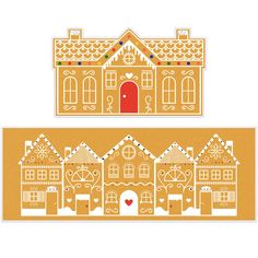 an orange and white paper cut out of a gingerbread house with two red doors