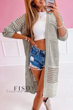 Fisdy - Cárdigan largo de punto caqui de primera calidad con intrincado diseño de mezcla ahuecada Cardigan A Crochet, Crochet Duster, Long Sweater Cardigan, Duster Vest, Lisa Fischer, Long Knit Sweater, Cardigan Casual, Romper And Jacket, Duster Cardigan