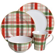 a plaid dinnerware set with matching plates and cups is displayed on a gray background