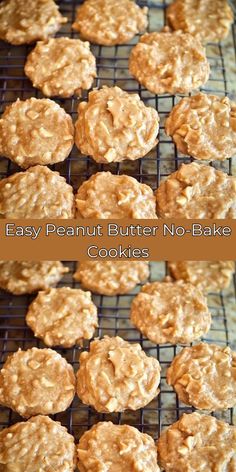 peanut butter no bake cookies cooling on a wire rack with the words easy peanut butter no bake cookies