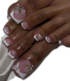 French Tip Pedicure With Design, Gem Toenail Designs, French Tip Toes With Gems, Rhinestone Toenails Designs White, Pedicure With Gems, Acrylic Toes With Diamonds, Gem Pedicure, Iconic Nails, Toenail Ideas