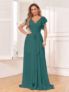 #color_Teal Ruffles Sleeves, Teal Bridesmaid Dresses, Short Sleeves Dress, Bridesmaid Dresses Long Chiffon, Floor Length Chiffon Bridesmaid Dresses, Flowy Design, Chiffon Bridesmaid Dresses, Short Sleeve Maxi Dresses, Floor Length Skirt