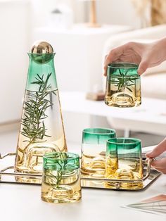 Summer Style Home Decor From Terra Powders Organic Herb Water In Emerald Shore Style Glass Carafe And Drinking Cups Ombre Gradient Bar Serveware बेडरूम डिजाइन, Assiette Design, Carafe Set, Ocean Hues, Whiskey Decanter Set, Camping Kitchen, Ideas Casa, Decanter Set, Whiskey Decanter