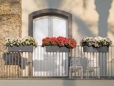 three flower boxes with flowers on the balcony