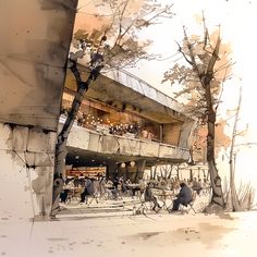 an artistic rendering of people sitting at tables in front of a building with trees on the side