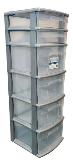 plastic storage bins are stacked on top of each other