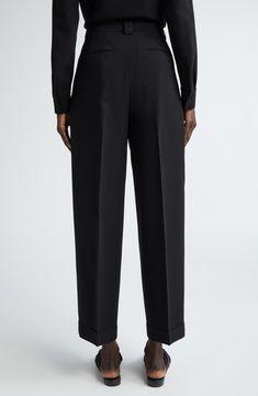 These pleated high-waist pants are immaculately tailored in a cuffed barrel-leg silhouette from signature Finesse crepe that's tactile with impeccable drape. Precision darting in back lends a flawless fit. 27" inseam; 19" leg opening; 12 1/2" front rise; 18" back rise (size 8) Zip fly with hook-and-bar closure Side-seam pockets; back welt pockets 71% acetate, 29% polyester Dry clean Imported Designer Clothing Luxury Straight-hem Bottoms For Workwear, Luxury Tapered Leg Dress Pants For Workwear, Elegant Straight Dress Pants With Button Cuffs, Elegant Semi-formal Bottoms With Button Cuffs, Luxury Wide-leg Pantsuit For Work, Luxury High-waisted Dress Pants For Formal Occasions, Elegant Tapered Leg Pantsuit With Welt Pockets, Elegant Wide Leg Trousers With Button Cuffs, Elegant Wide Leg Pants With Button Cuffs For Work