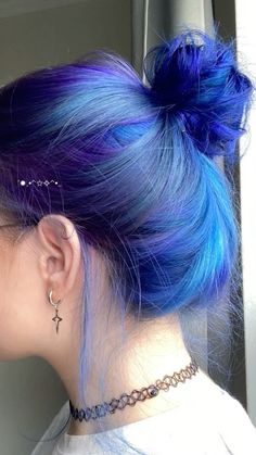 blue hair Brown Roots Blue Hair, Bright Blue Hair Aesthetic, Half Purple Half Blue Hair, Blue Hair With Purple Highlights, Dyed Grey Hair, Blue Hair Inspiration, Jinx Hair, Smokey Blue Hair, Ombre Blue Hair