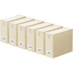 five boxes with labels on them are lined up in a row, each containing different sizes and colors