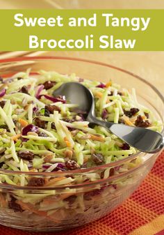 a glass bowl filled with broccoli slaw