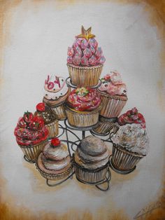 a painting of cupcakes and other pastries