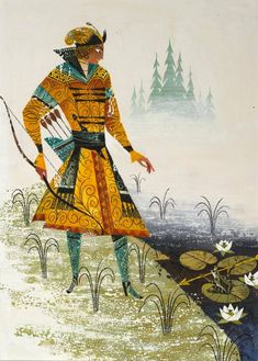 a painting of a woman with a bow and arrows in her hand standing on a field