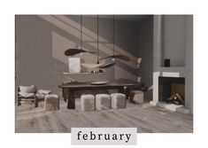 a living room filled with furniture and a fire place in front of a table that reads, february