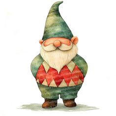 a watercolor painting of a gnome with red and green sweater on his chest, standing in front of a white background