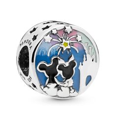 Hand-painted enamel in rainbow hues lights up the sky of this enchanting charm from Pandora. An emblem of Disney Parks memories, this button-shaped sterling silver charm depicts Mickey and Minnie Mouse watching the famous fireworks display above Fantasyland Castle. Decorated along the edges with cut-out stars, it makes a dazzling addition to bracelets. Wear with other Disney charms to create a spellbinding styling, or share as a lasting memory of magical days. Pandora Collection, Silver Jewelry Cleaner, Disney Belle, Disney Charms, Charms Pandora, Pandora Disney, Bracelet Pandora, Mickey And Minnie Mouse, Pandora Jewelry Bracelets