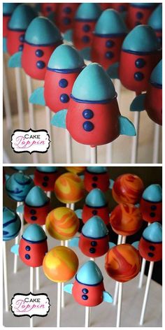 there are many cake pops with different designs on them and one is blue, the other is red