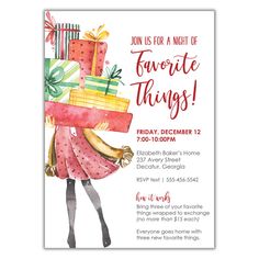 a card with a woman carrying presents on her back and the words favorite things written in red