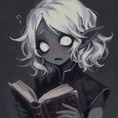 an anime character is reading a book with glowing eyes and white hair, while wearing a black outfit