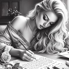 a pencil drawing of a woman writing on paper