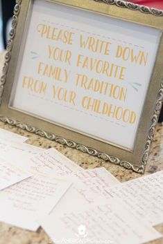 a framed sign that says please write down your favorite family tradition from your childhood