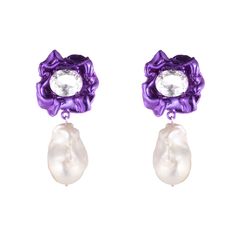 The Lola Pearl Drop Earrings feature a baroque pearl suspended from a clear crystal in a vibrant Violet purple setting. The clear crystals and white pearls accent the bright blue. Why You'll Love It The contrast between the baroque pearl and the vibrant blue colored setting achieves a classic yet modern look. The best of both worlds. Details Ceramic coated Freshwater baroque pearl– each pearl is unique Glass crystal Post back and butterfly fastening Approximately 1.5" (4cm) drop Sold as a pair I White Baroque Pearl Earrings For Party, Gold Vermeil Jewelry, Mini Earrings, Violet Purple, Vermeil Jewelry, Solid Gold Jewelry, Clear Crystals, Crystal Drop Earrings, Metallic Blue