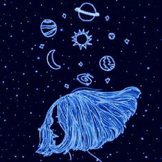 a drawing of a woman's head with planets and stars in the sky above her