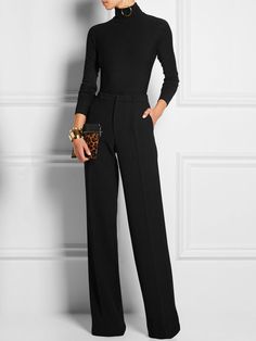 Daily Turtleneck Plain Long Sleeve Simple Basic Top, Black / S Work Outfit Office, Jersey Turtleneck, Turtleneck Bodysuit, Well Dressed Women, Amal Clooney, Black Slacks, Fall Outfits For Work, Looks Black