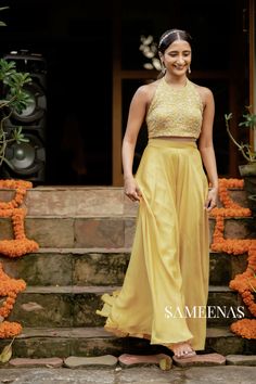 Embroidered crop top & palazzo pants Location: Sameenas, Kasi Arcade, Drivers colony, T.Nagar, Chennai +91 9500058066  #haldi #weddingdress #haldidress #weddingdress #southindianwedding #southindianbridal #haldidecorationideas #haldi outfits Haldi Ceremony Outfit For Friends, Outfit For Pithi Function, Multicolour Haldi Outfits, Pastel Haldi Outfit, Haldi Jumpsuit Outfit, Haldi Dress Code For Family, Indowestern Haldi Outfits For Sister, Simple Haldi Outfit, Haldi Look For Bridesmaid