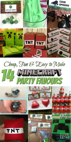 a collage of photos with the words minecraft party favors and pictures on them