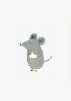 a drawing of a gray mouse with an orange ball in it's mouth on a white background