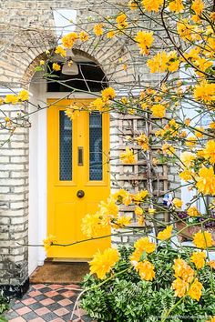 a yellow front door surrounded by greenery and flowers