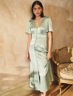 Sage Green Dress, Midaxi Dress, Guest Dress, Women Wedding Guest Dresses, Green Satin, Petite Maternity, Petite Dresses, Tea Dress, Workwear Dress