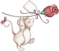 a drawing of two mice hanging on to a rose