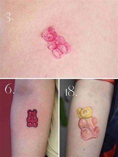 four different pictures showing the same tattoos on each side of their arms, and one with a teddy bear