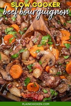 slow cooker beef bouguignon with carrots, mushrooms and parsley