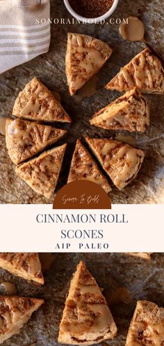 cinnamon roll scones are arranged on a table with coffee and spoons in the background