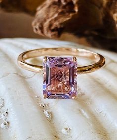 14k Rose De France Amethyst Ring Emerald Cut Amethyst Ring | Etsy Ring Emerald Cut, Lavender Amethyst, Bling Ring, Amethyst Ring Engagement, Green Amethyst Ring, Future Engagement Rings, Moissanite Engagement Ring Oval, Solitaire Rings, Cz Rings Engagement