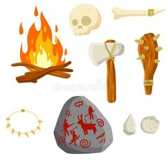 various objects that are used in the game, including fire and axes royalty illustration