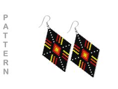 pair of black and red beaded earrings, with the words brick stitch earrings firelight graph and world chart