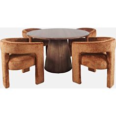 a table with six chairs around it and a round wooden table in the middle,