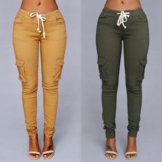 These sexy skinny cargo pants are a perfect addition to your wardrobe. Featuring an elastic drawstring waist with front pockets as well as the side cargo pockets. These pants pair perfectly with tops and bodysuits and complete your looks with wedges or sandals. Made with an acetate and spandex blend for comfort to hug your every curve comfortably and comes in four fabulous colors from which to choose. High Waist Fashion, Pencil Pants, Type Of Pants, Jean Leggings, Long Pants, Colored Jeans, Jeans Style, Fashion Online Shop, High Waist Jeans