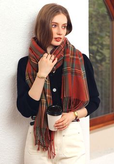 Green Plaid Scarf, Plaid Shawl, Winter Typ, Cashmere Wrap, Shawl Scarf, Scarf Hat, Gingham Check, Red Blue Green, Green And Khaki