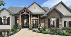 this is an artist's rendering of a house in the country style with stone and wood accents